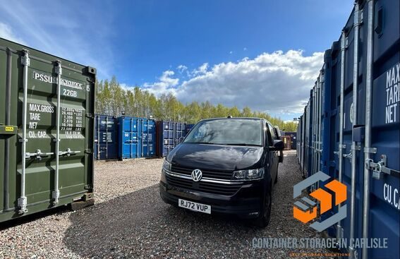 van on shipping container site with container storage in carlisle logo