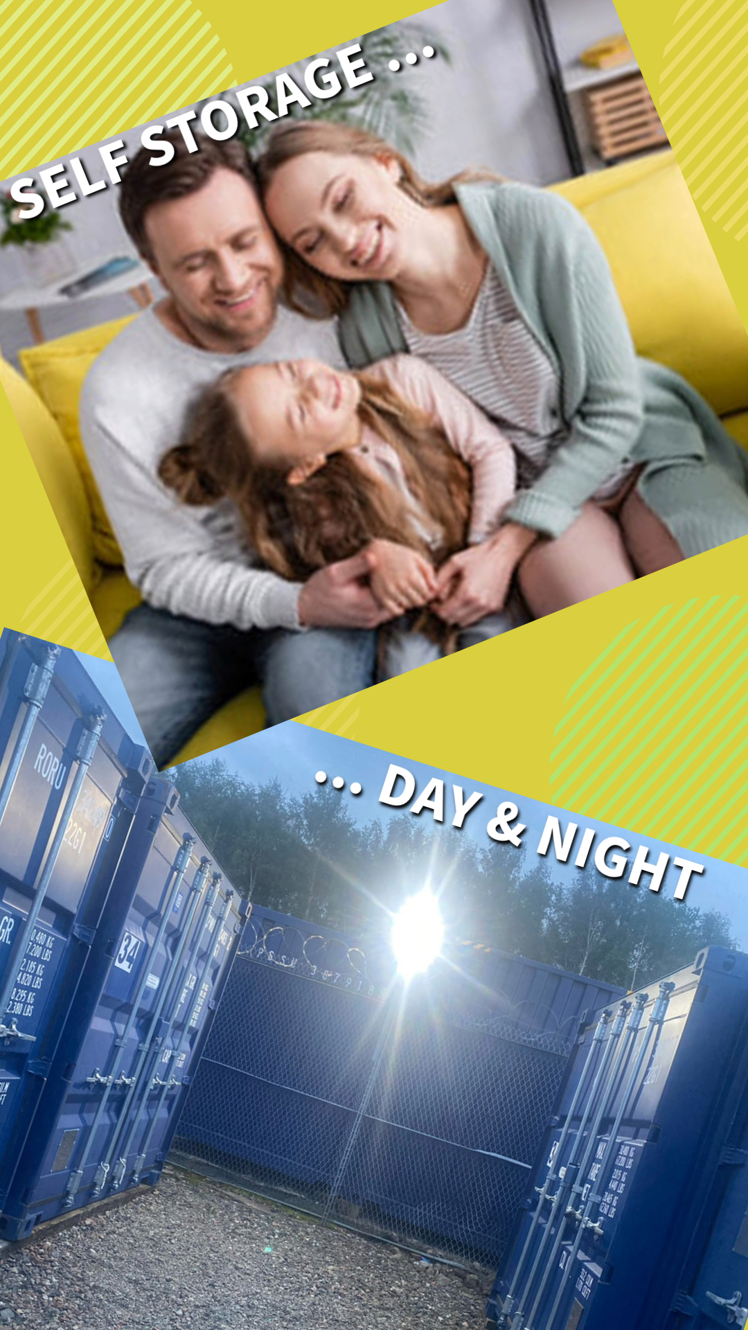 happy family and a row self storage shipping containers