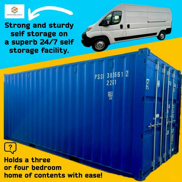 a blue shipping container with a white van
