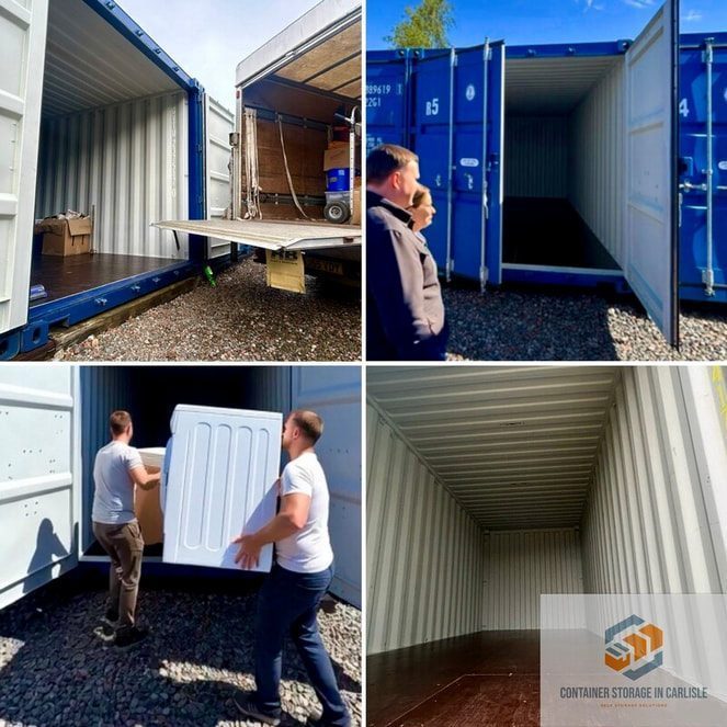 Various shipping containers with people putting items into them.