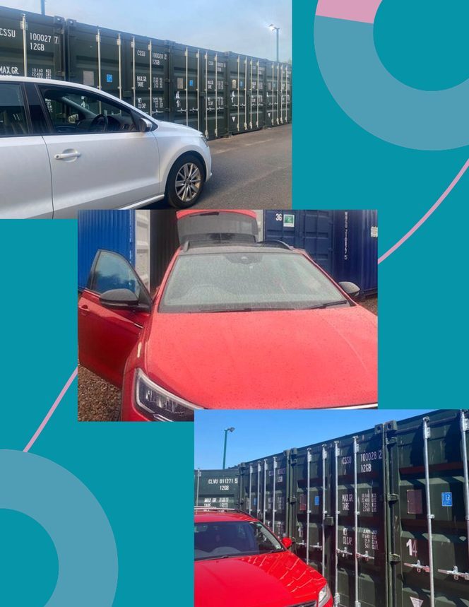 a car parked at a row of shipping containers