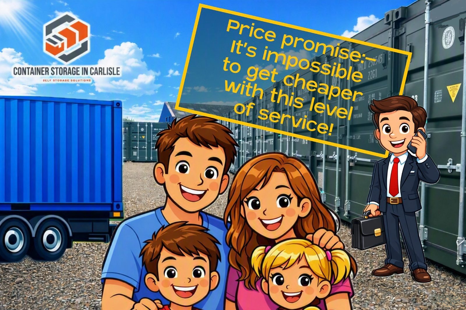 cartoon family in front of storage facility promoting our price promise