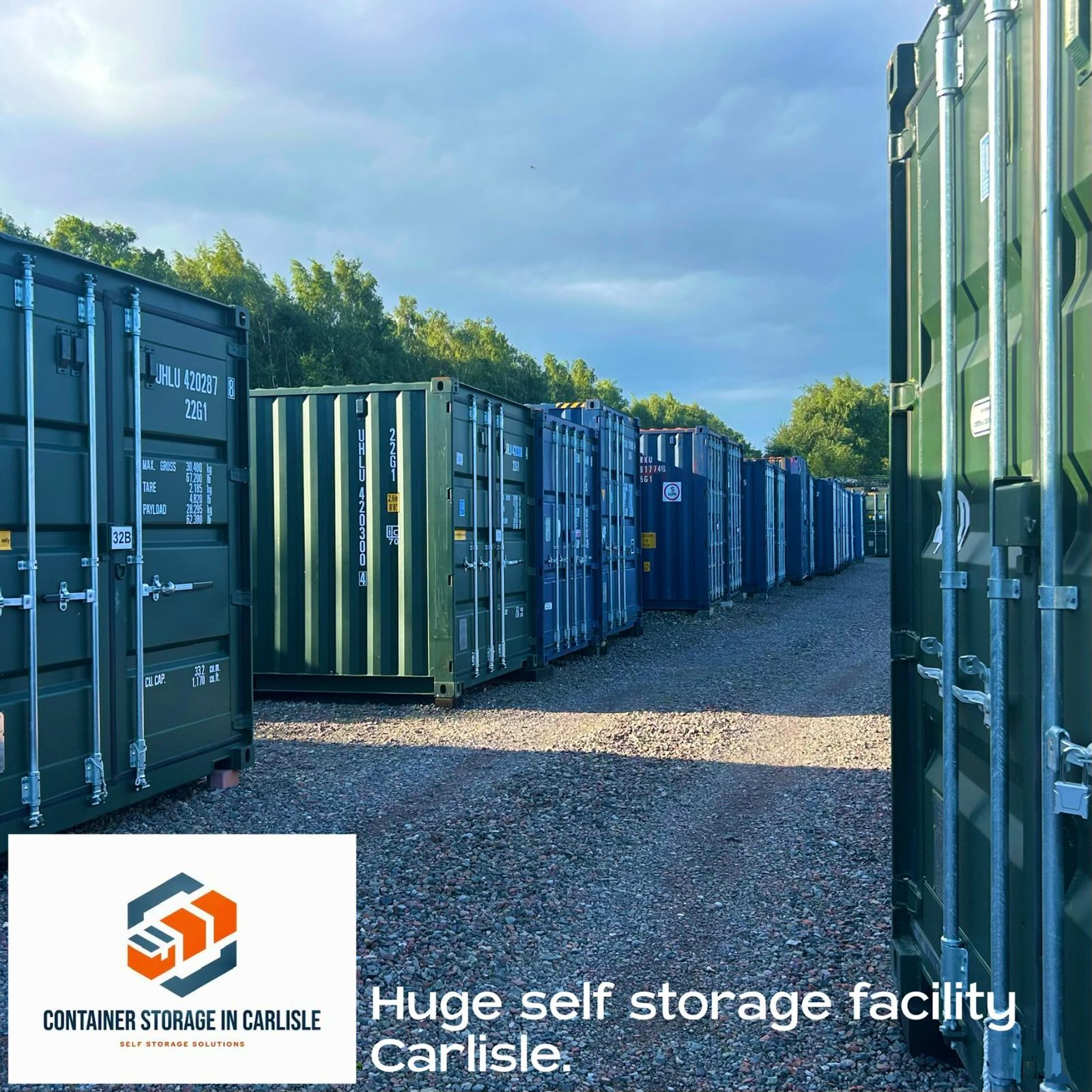 row of storage units with company logo
