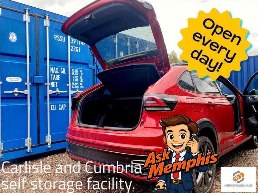 shipping containers with a car beside one with its boot open highlighting a self storage facility open every day