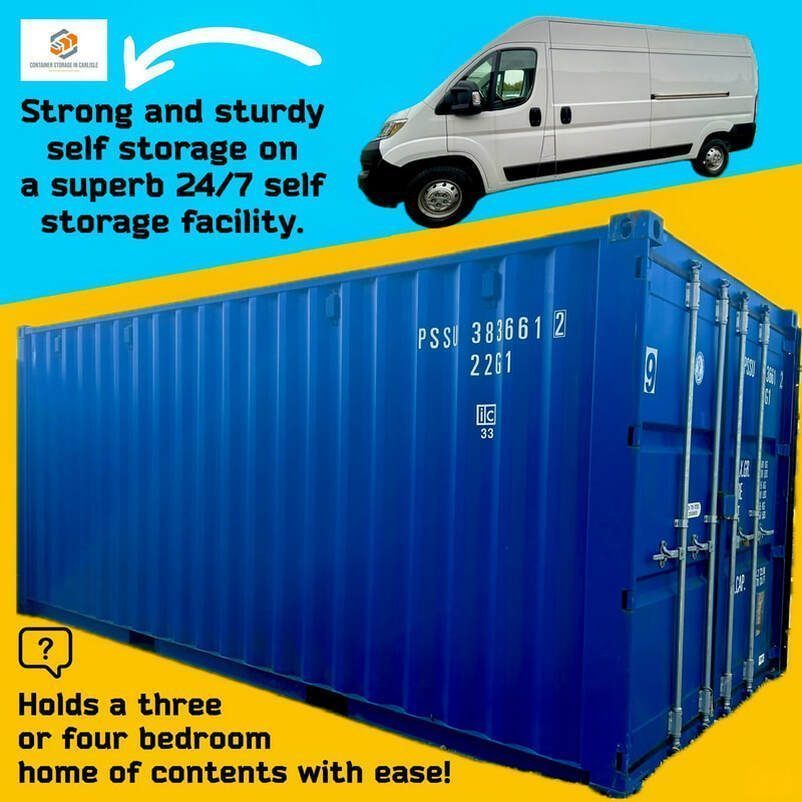 a side view of a 20 foot blue shipping container with promotional text highlighting the container holds a three or four bedroom home worth of contents